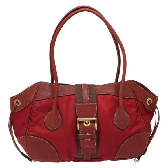 PRADA Shoulder Bag Leather Nylon Red Gold Auth 138849 - Picture 1 of 16